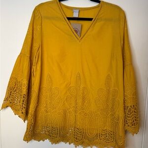 Chico's Mustard Yellow V-Neck Crochet Hem Tunic